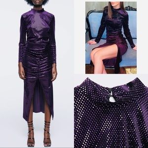Zara Purple Velvet Sequins Long Sleeve Ruched Stretch Front Slit Midi Dress
